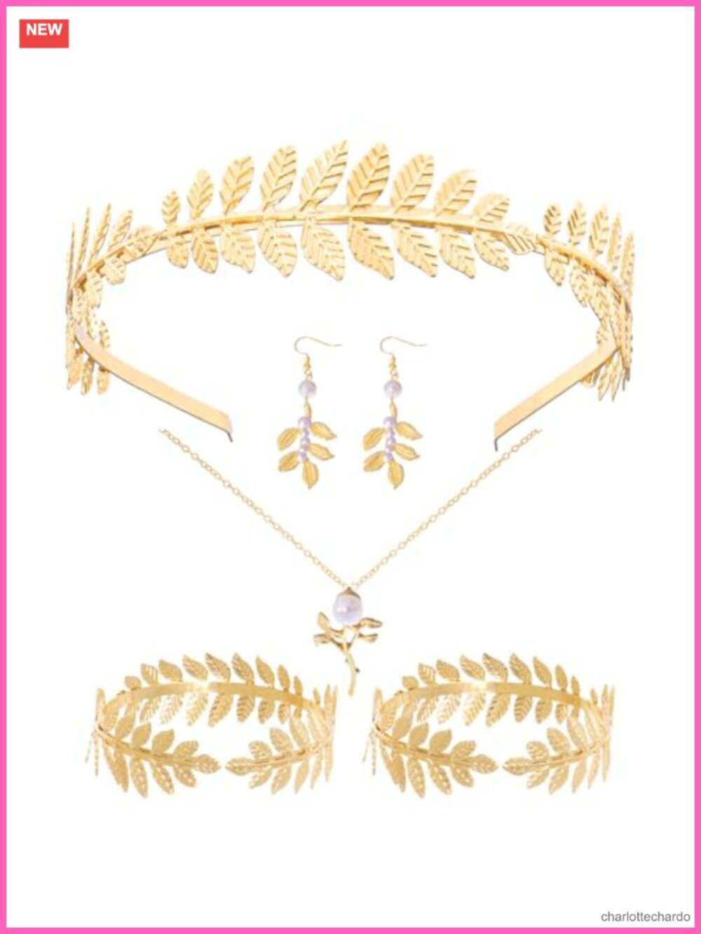 Greek Goddess Costume Accessory Set Pearl Leaf Headband Bracelets Earrings